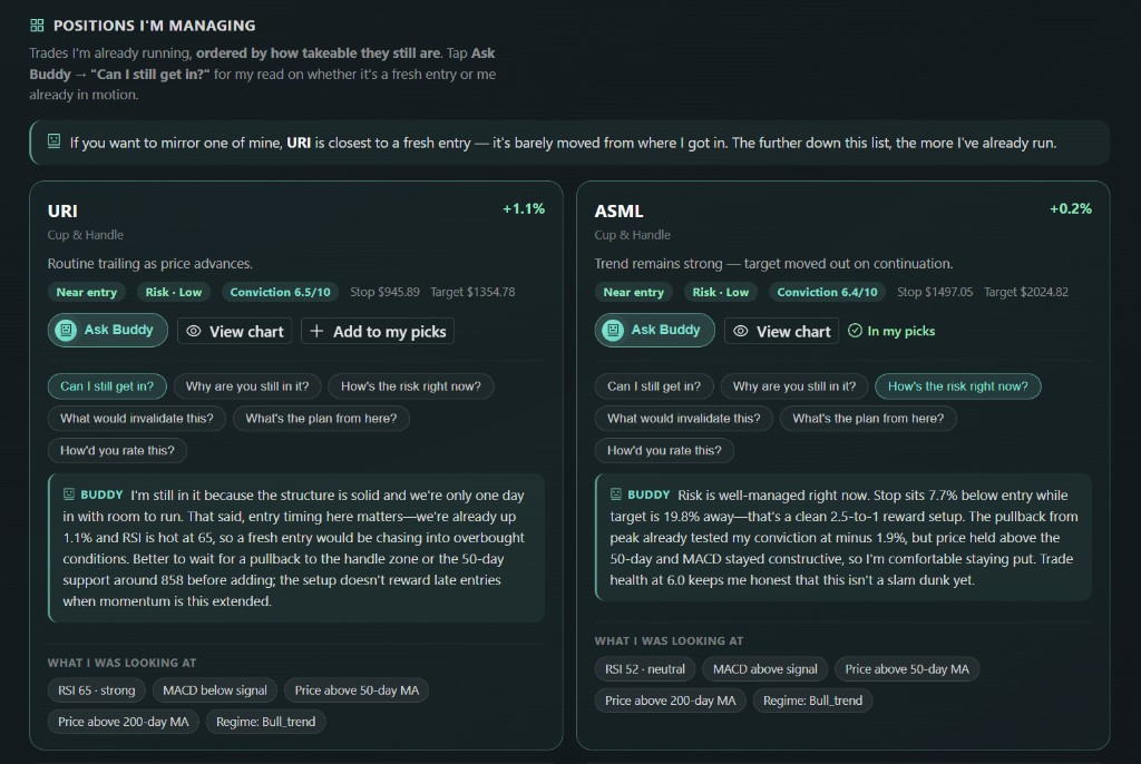 AI Buddy managing open positions with risk badges and conviction scores